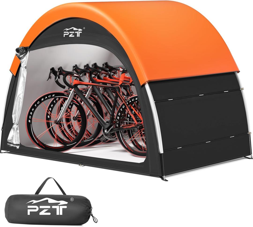 Upgraded Bike Tent with Rain Cover, Portable Outdoor Storage Shed for 4-5 Bikes, 210D Oxford Fabric PU4000 Waterproof, Bike Shed/Bike Cover for Motorcycles, Garden Tools, Lawn Mower (79*59*67in, Orange)