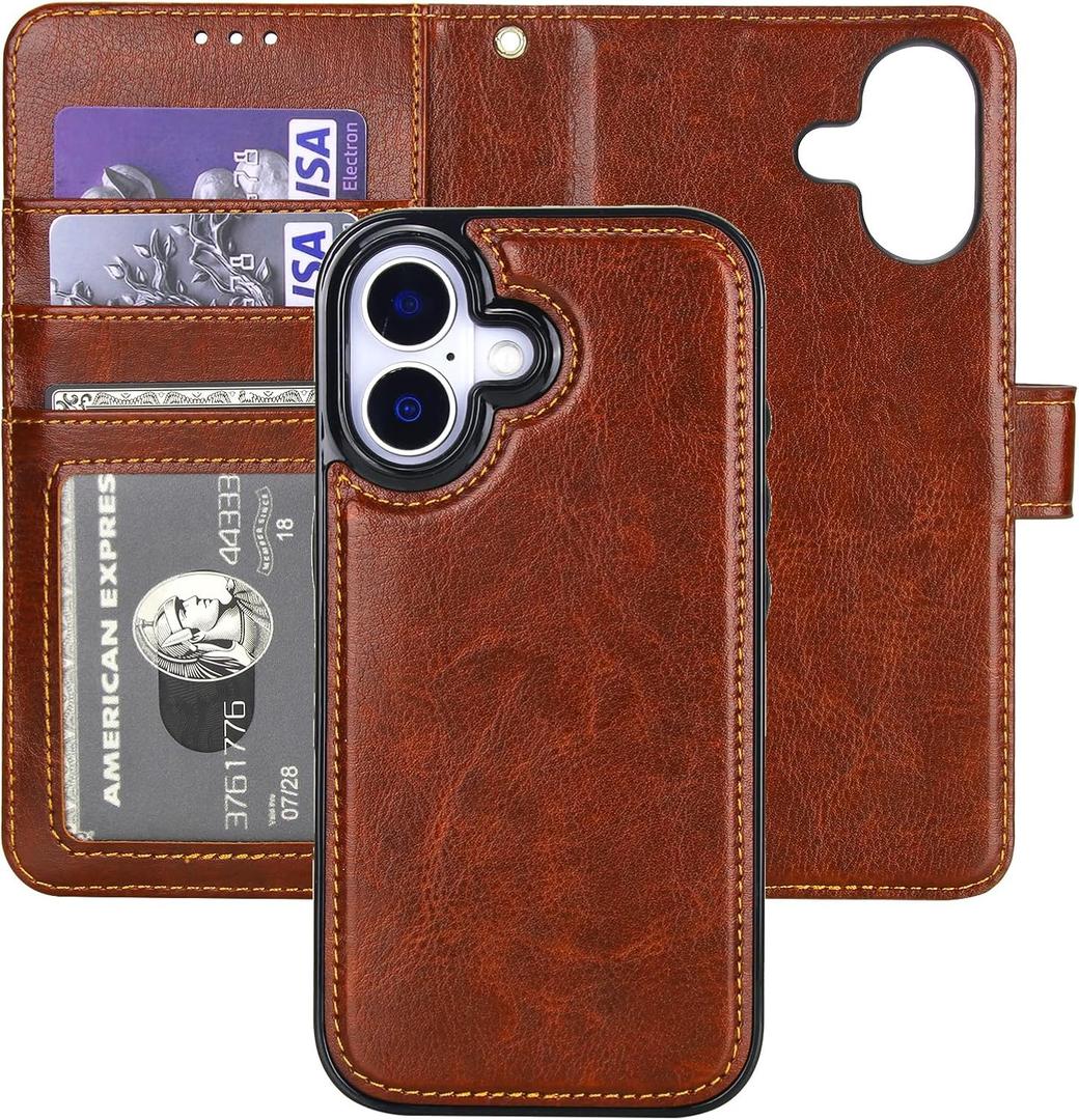 Bocasal Detachable Wallet Case for iPhone 17 RFID Blocking Card Slots Holder Premium PU Leather Magnetic Kickstand Shockproof Wrist Strap Removable Flip Protective Cover 5G 6.3 inch (Brown)