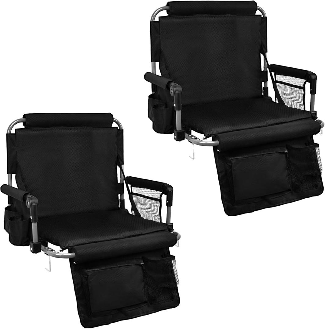 Stadium Seat with Back Support, Bleach Seat with Backrest and Cushion, Stadium Chair with Cup Holders, Mesh Bag and Hidden Hook for Basketball and Soccer Bench (Black)