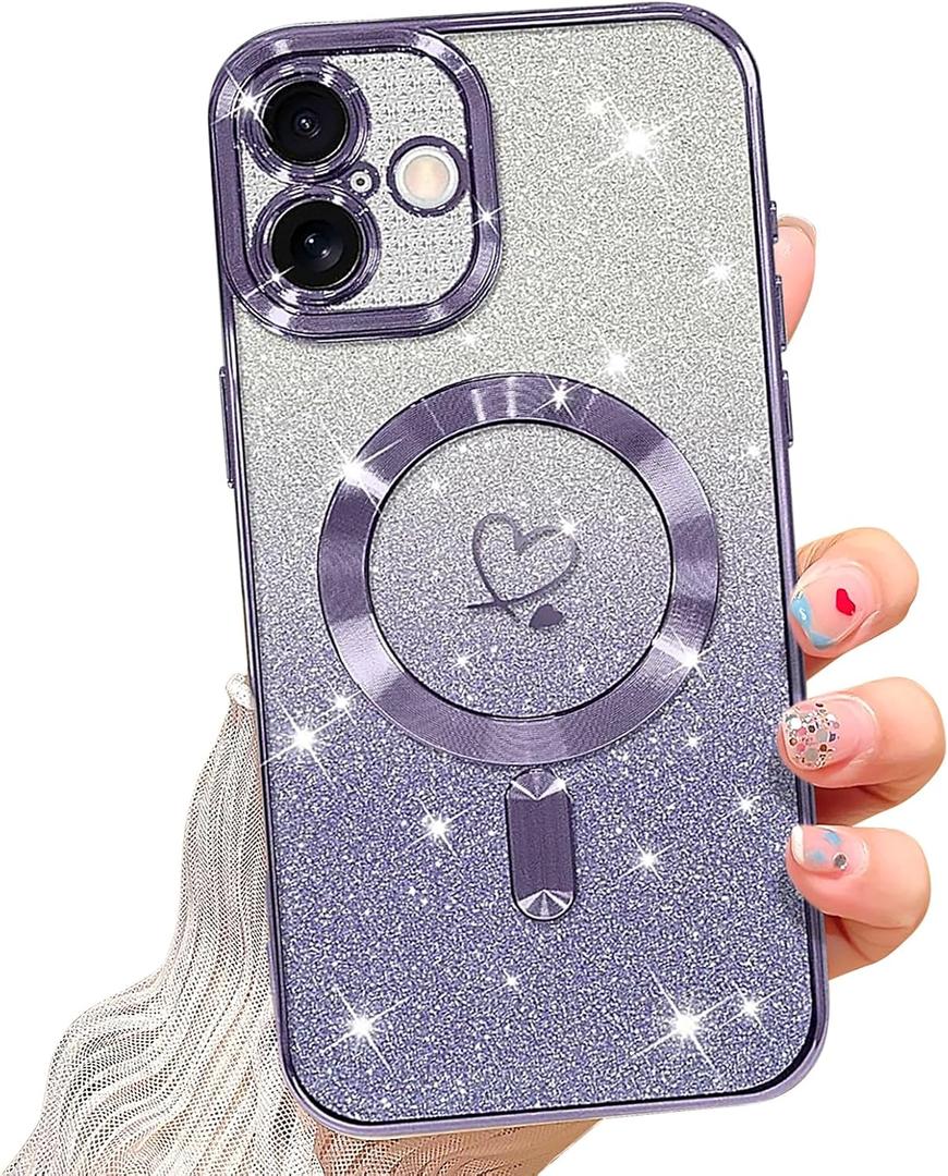 NITITOP Compatible with iPhone 16 Plus Case Cute Clear Glitter [Compatible for MagSafe] Plating Heart Sparkle Bling Magnetic Girl Women Electroplated Frame Camera Protection Back Cover - Purple