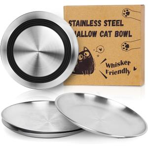 Supet Cat Plates Whisker Friendly, Non Slip Dish for Wet Food, Shallow Wide Flat Bowls Stainless Steel Metal for Indoor Cats, Kitten, Small Dog (13Oz, 4Pcs) (Black)