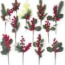 Grunyia 12 Kinds Artificial Christmas Picks - Assorted Red Berry Picks, Faux Pine Picks Spray with Pinecones & Holly Leaves for Stunning Floral Arrangement & Wreath Winter Holiday Season Decor