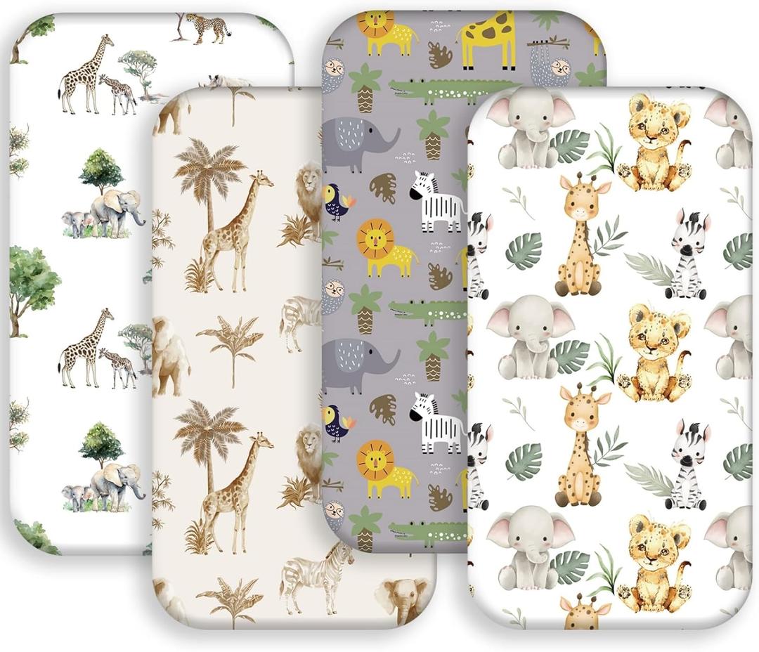 4 Pack Safari Jungle Animals Neutral Unisex Fitted Nursery Baby Sheets Set Toddler Mattress Sheets for Baby Boys or Girls (Bassinet Sheets)