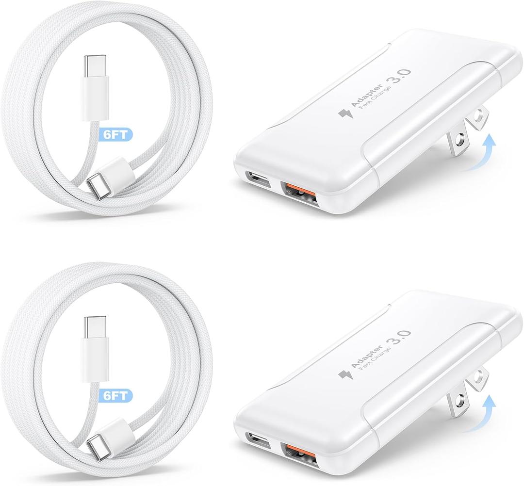 2 Pack Flat USB C Wall Charger,50W 2-Port Slim USB C Fast Charger Block,Foldable & Low Profile Type C Power Adapter with Type C Cables for iPhone 17/16/15/14/13/12 Pro Max,iPad,Galaxy,Steam Deck