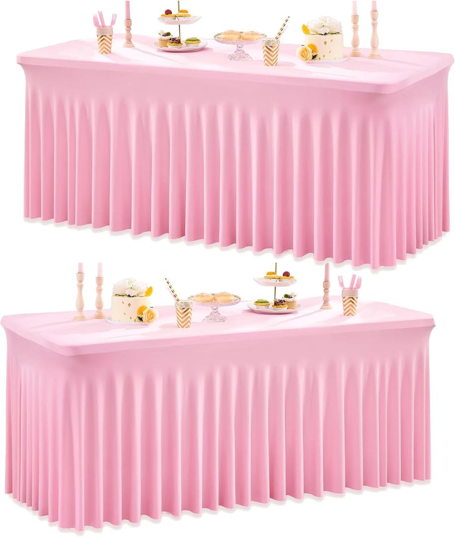 2 Pack Baby Pink Spandex Tablecloth for 6 Foot Rectangle Tables, Stretchy Table Cloths 6 ft Fitted Table Cover Light Pink with Skirt for Parties Weddings Birthday Banquet Baby Shower (6FT(2pack))