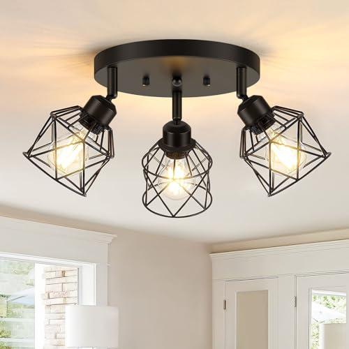 Baocuz 3-Light Kitchen Flush Mount Ceiling Light, Adjustable Multi-Directional Ceiling Light Fixture, Farmhouse Black Metal Cage Close to Ceiling Lamp for Dining Room Bedroom Hallway