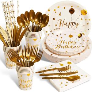 200 pieces of white and gold birthday party supplies, disposable happy birthday tableware set, gold plastic knives, forks, spoons, straws. Birthday themed tray, cup,25Guestswhite
