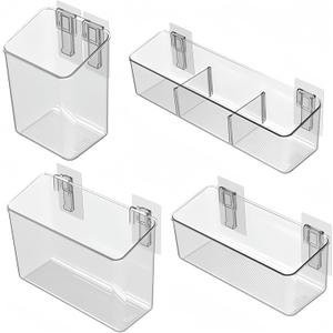 vacane 4 Pack Plastic Over Cabinet Door Organizer, Adhesive Mount Storage Organizer Container Makeup Organizer Hanging Basket Bins for Craft Room, Pantry, Office, Space Saving Holder for Kitchen Bags