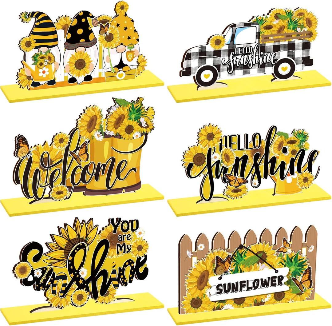 Hoolerry 6 Pcs Sunflower Wooden Table Decoration Summer Wood Centerpieces for Tables Sunflower Gnomes Tabletop Decor Hello Sunshine Welcome Centerpieces Sign for Summer Home Kitchen Decor (Yellow)