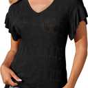 GRACE KARIN Women Hollow Out Crochet Knit V-Neck Sweater Ruffle Short Sleeve Casual Loose Fit Lightweight Summer Top (Large, Black)