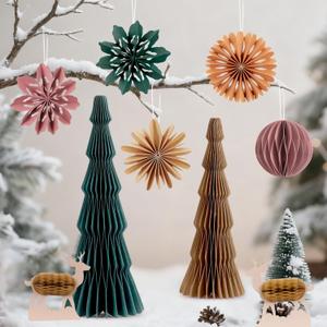 9 Pcs Paper Christmas Tree with Hanging Honeycomb Ornaments, Including 2 Pcs Mini Honeycomb Reindeers, Christmas Honeycomb Decorations for Xmas Home Decor Indoor and Table Centerpiece (Brown&green&pink)