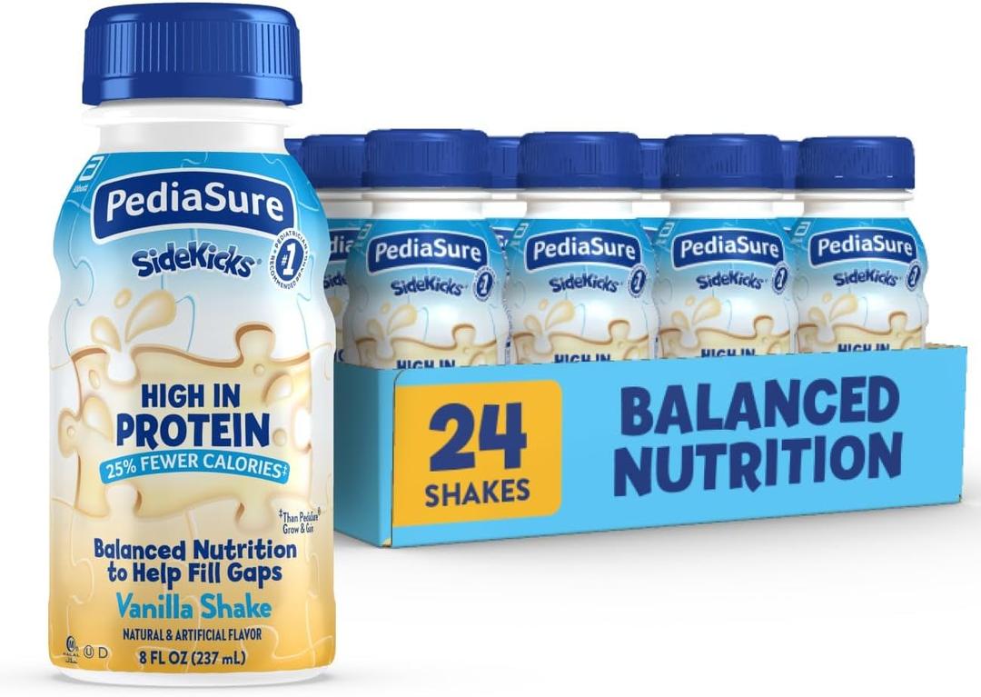 PediaSure SideKicks, Kids Protein Shake, With Key Nutrients and Protein to Help Fill Nutrient Gaps, Vanilla, 8-fl-oz Bottle, Pack of 24, Best By: 01/10/2026