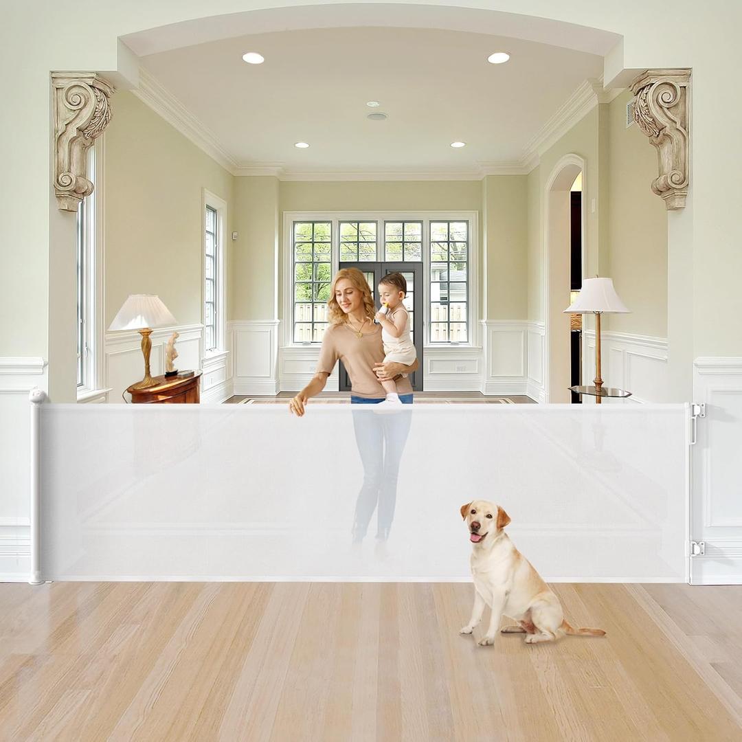 34'' Tall 100'' Extra Wide Retractable Baby Gates for Large Openings, Momssy Child Safety Mesh Gate, Long Dog Gate for Indoor/Outdoor Stairs Hallways Deck Patio Garage Door(White)