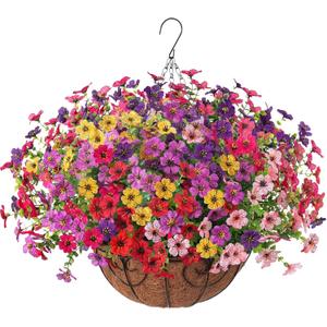HyeFlora Artificial Fake Hanging Plants Flowers with Basket Outdoor Decor Faux Silk Dasiy Flower Arrangements in Pot Planter for Porch Home Indoor Patio Garden Yard Decoration