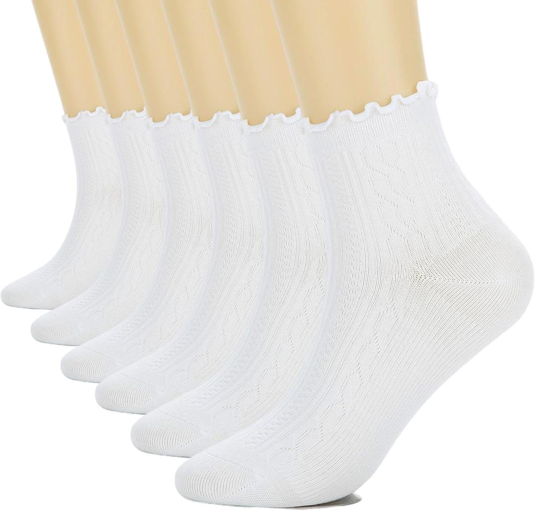 6 Pairs Ruffle Socks For Women Casual Ankle Socks Retro Soft (White, S)