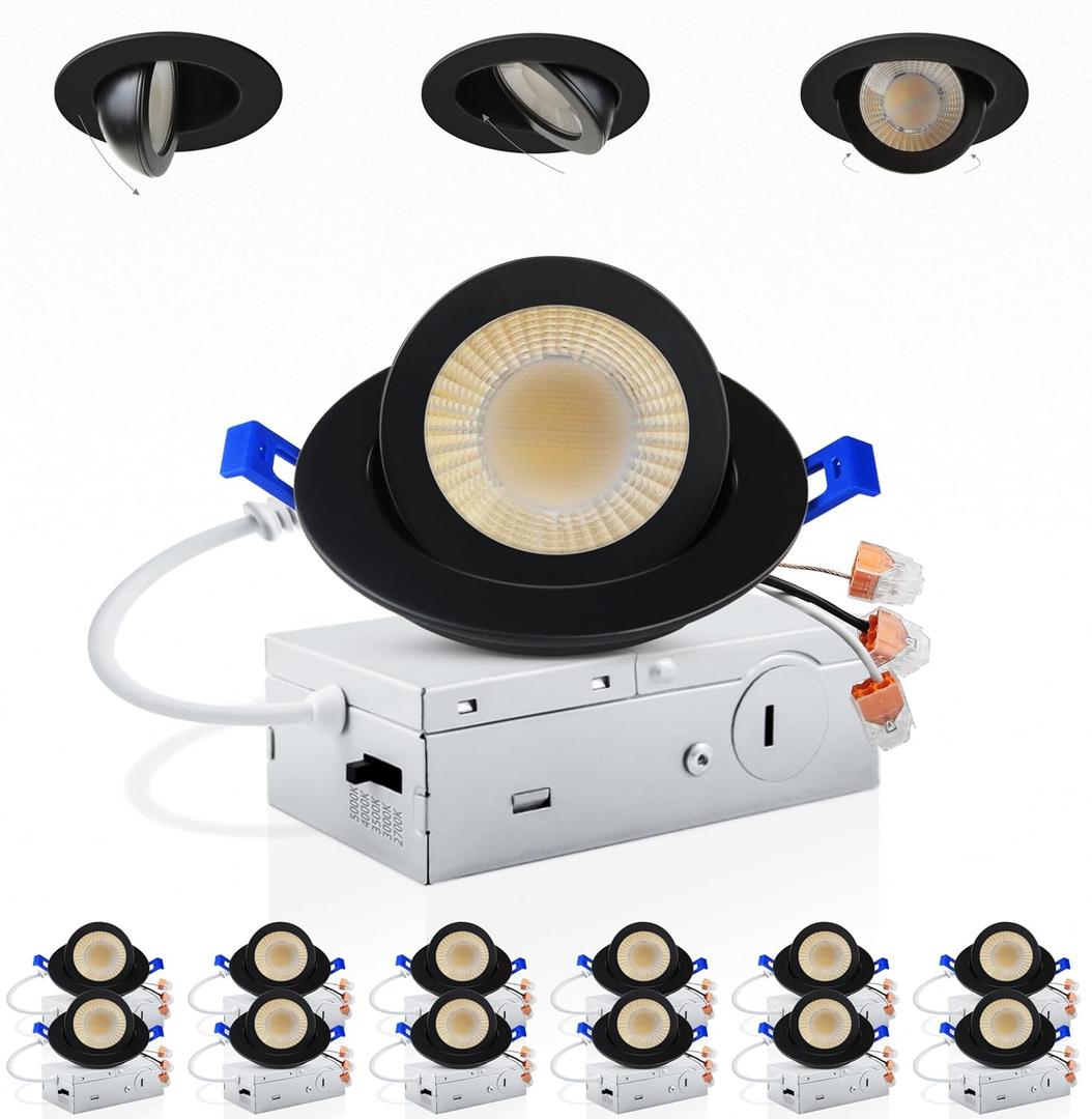 Adetu 3 Inch Gimbal Black Led Recessed Lighting, 360°+90° Adjustable Directional Led Recessed Lights, 2700K/3000K/3500K/4000K/5000K Dimmable Retrofit Eyeball Can Lights with Jbox,ETL (Black, 12 Pack)
