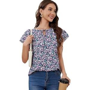 Stamain Womens Summer Tops Floral V Neck Blouses for Women Dressy Casual Short Sleeve Shirts to Wear with Leggings Flowy Ruffle Tunic Top Work Purple, 2XL