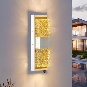 Dusk to Dawn Outdoor Lighting,Exterior Lighting Fixtures IP65 Waterproof Porch Lights Outdoor 12W LED Crystal Modern Outside Wall Sconce for Porch Hallway Doorway Patio,14.2'' White&Gold