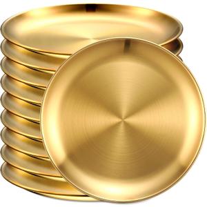Honeydak 10 Pcs Stainless Steel Gold Plates 8 Inch 304 Metal Dinner Plates Unbreakable Dish Camping Plate Reusable 18/8 Silver Round Plate Non Toxic Dishwasher Safe Double Layers Serving Salad Dessert