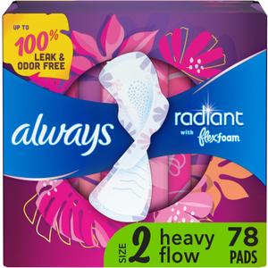 Always Radiant Feminine Pads for Women, Flexfoam Pads with Wings, Size 2, Heavy Absorbency, Lightly Scented, 26 Count x 3 Packs (78 Count total) (Packaging May Vary) (Heavy (Size 2))