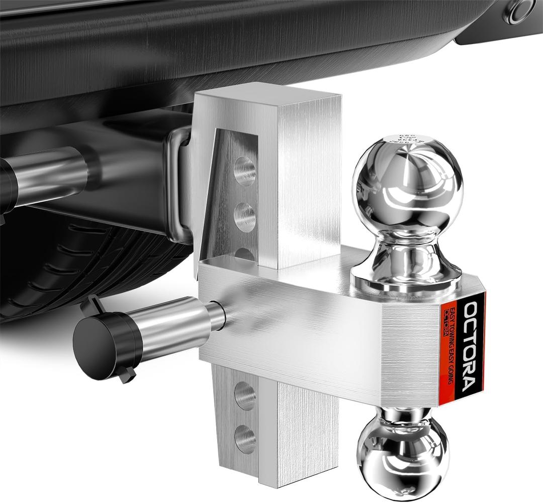 Adjustable Trailer Hitch (Fits 2-Inch Receiver) - Aluminum Tow Hitch with 6-Inch Drop/Rise for Truck (12,500 LBS GTW) - Double Anti-Theft Locking Hitch Pins (Silver)