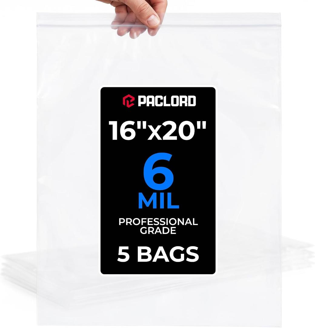 16" x 20" Extra Large Reclosable Plastic Zip Bags, 5 Count | 6 Mil Heavy-Duty Clear Poly Bags, Resealable for Food, Clothes, Hardware, Home & Garage Storage