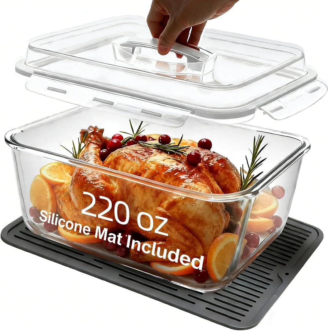 Extra Large Glass Storage Containers with Lids, Large Glass Food Containers for Rotisserie Chicken/ Turkey and Potluck, Giant Watermelon Container, XL Big Bowl Freezer Storage Container Airtight 220 oz