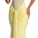 JUMISEE Women’s Sexy Halter Twist Knot Maxi Dress Draped Ribbon Ruched Cocktail Dress Sheer Mesh Bodycon Formal Dresses (Yellow, L)