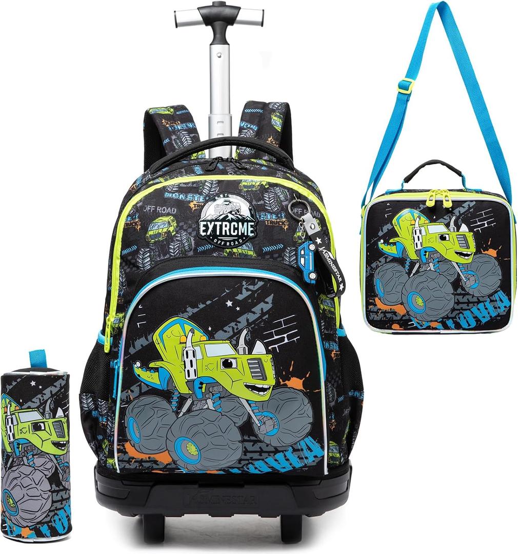 Kids Rolling Backpack for Boys Backpack with Wheels for School Backpacks for Boys Kids Bookbag for Primary Middle School Students with Lunch Box Set (Black Car)