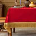 F-CHU Red Tablecloth Thickset Velvet Tablecloth with Beautiful Gold Tassels Vintage Table Cloth for Home Decor Wedding, Party, Banquet and Events 60x86-Inch