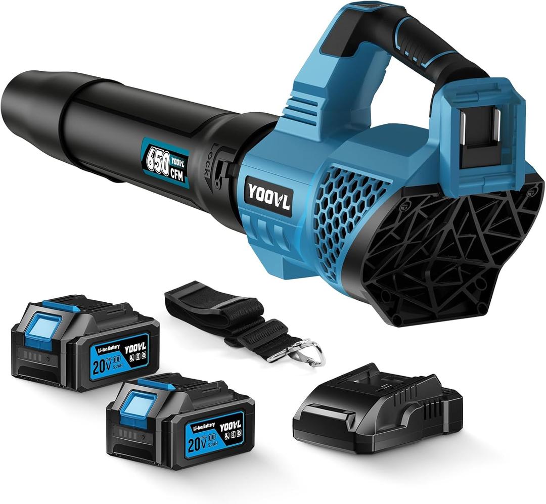 Leaf Blower Cordless, 650CFM Electric Leaf Blowers with 2 x 5.2Ah Batteries and Charger, 3 Speed Modes, 1 x Adjustable Shoulder Strap, Powerful Blowers for Lawn Care, Patio, Dust, Blowing Leaves (Blue)