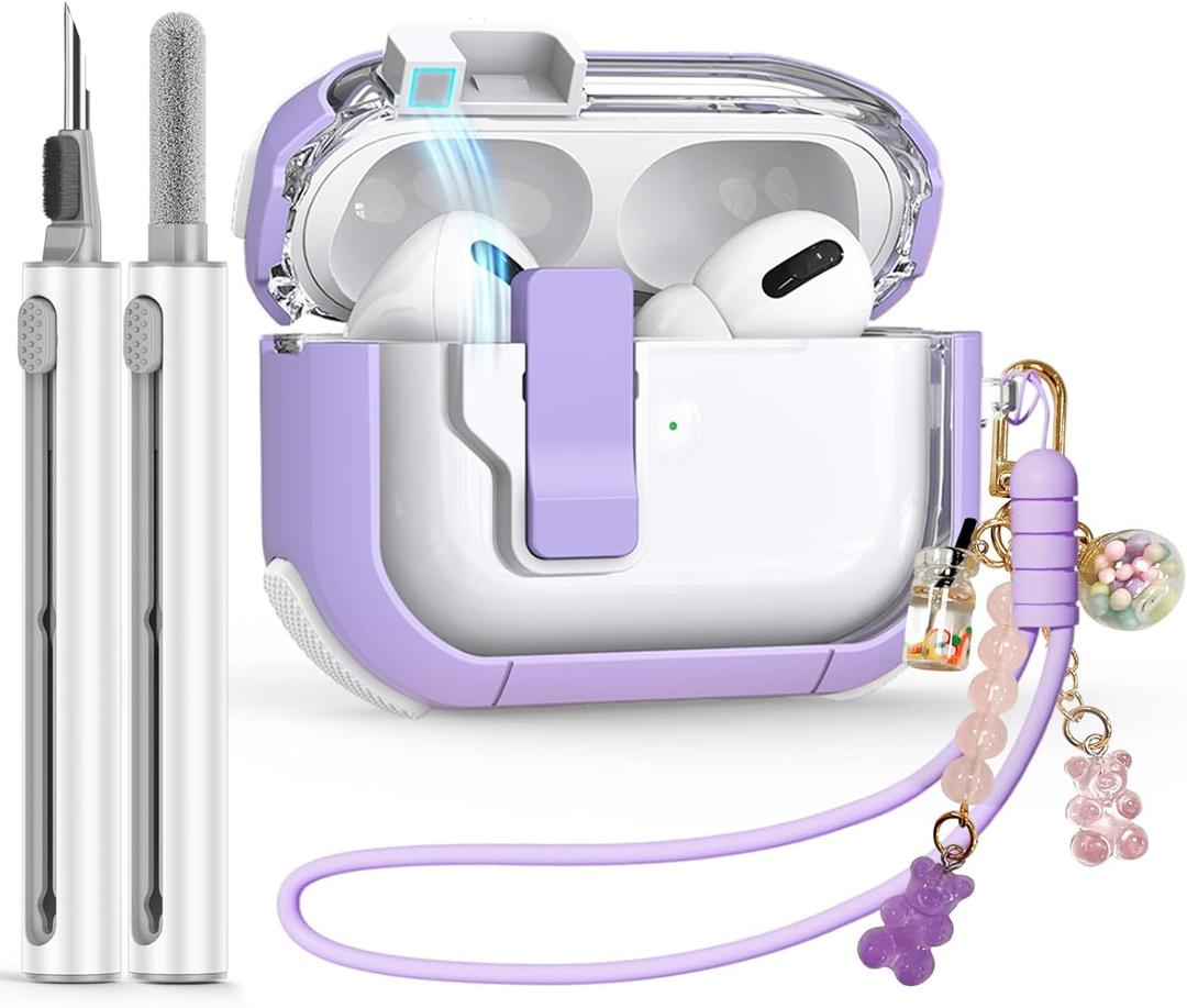 Clear Case for AirPods Pro 2nd/1st Generation With Cleaner Kit, Secure Lock for Apple Airpod Pro 2&1 Gen Cover, Silicone Wrist Strap, Cute Candy Keychain for Women, Purple