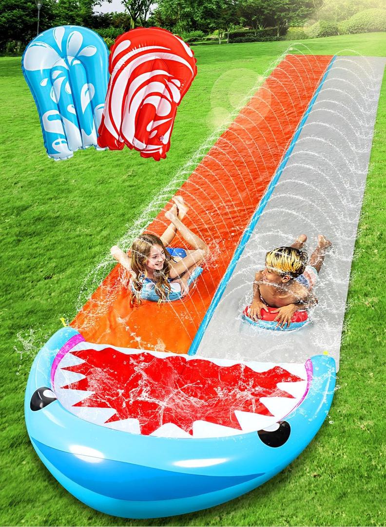 Sloosh Water Slides with 2 Inflatable Boards,22.5ft Double Lane Lawn Water Splash Slip Slide with Advanced Sprinklers Summer Toy for Kids Adults Fun Backyard Summer Outdoor, Shark