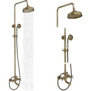 Homevacious Antique Brass Outdoor Shower Kit Exposed Shower 8 Inch High Pressure Rain Shower Head with Hand Spray Bathroom Shower Faucet System Double Knobs Cross Handle 3-function Design