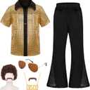 Kids Disco Costume Sequins Shirts for Boys 6PCS Kids 60s 70s Disco Costume for Halloween Party Dress Up (10-12 Years, Gold)