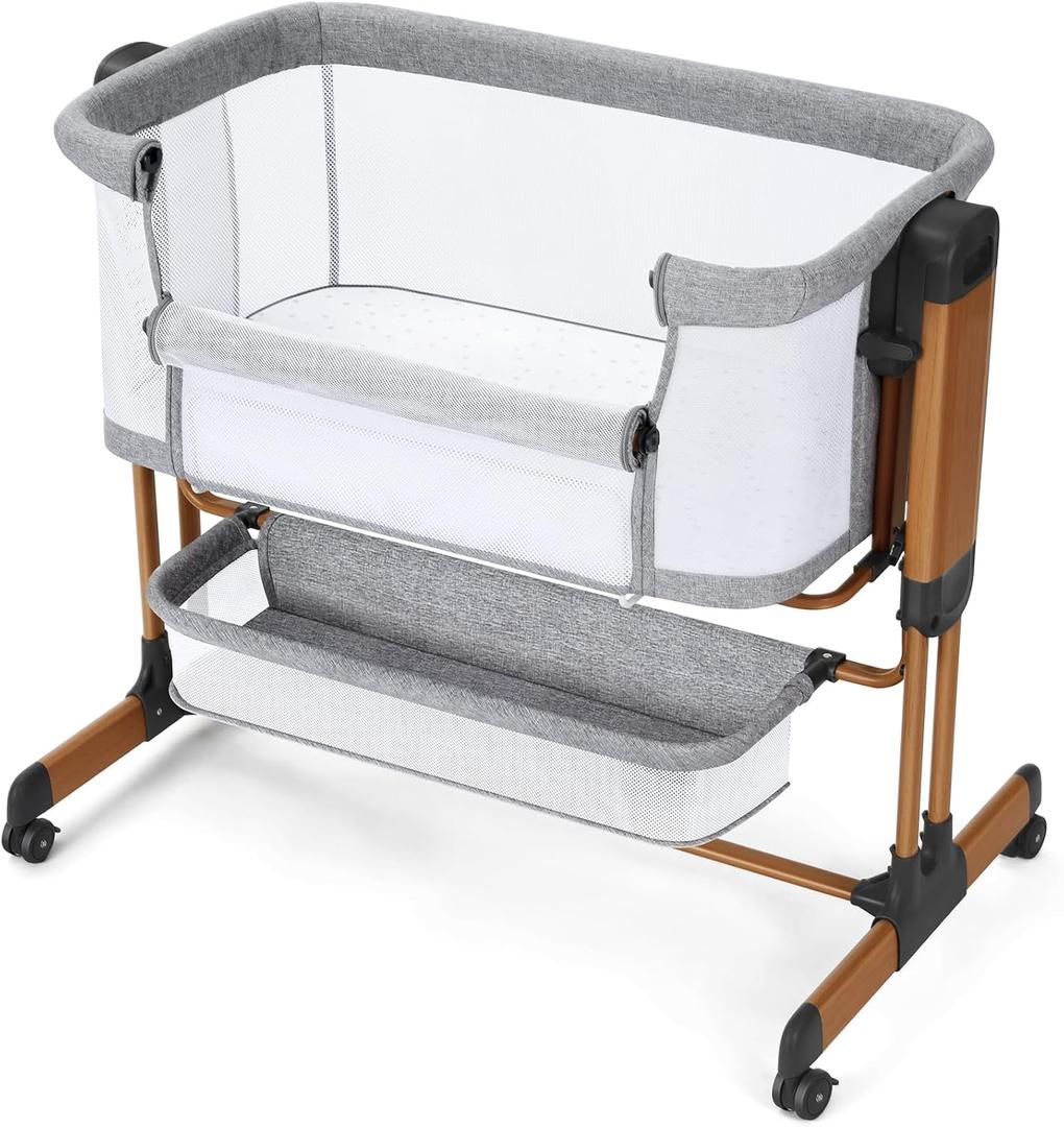 Ezebaby 3-in-1 Baby Bassinet, Rocking Baby Bassinets Bedside Sleeper, Adjustable Portable Crib for Newborn Infant with Wheels Storage Basket and Mesh Sides (Mid Gray)