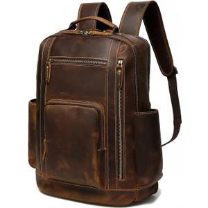LANNSYNE Men's Vintage Full Grain Leather Backpack for 16" Laptop Travel Hiking Camping Rucksack, Large
