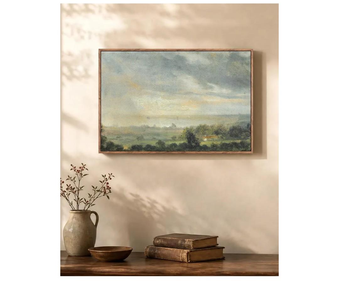 ElfLuna Wood Framed Canvas, Vintage Green Grassland Landscape PrintVintage grassland framed canvas. Retro farmhouse style, HD print, solid wood frame, lovely indoor wall decor, 24" L x 16" W