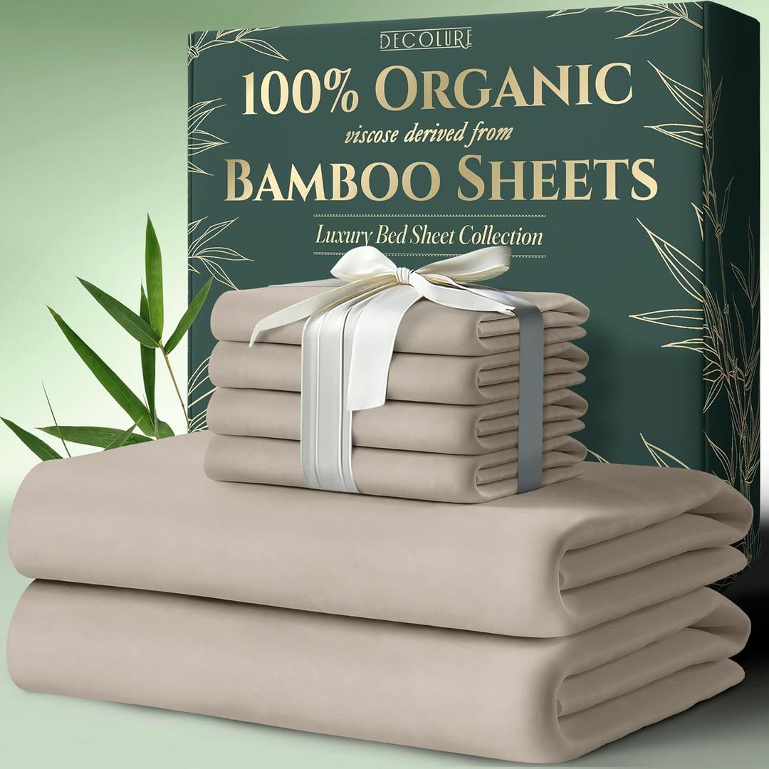 DECOLURE 100% Organic Viscose Derived from Bamboo Sheets King Size 6pcs - Ultra Soft & Luxuriously Cooling, 17" Deep Pocket, Double Stitching, Perfect for Hot Sleepers - King Bed Sheets (Taupe)