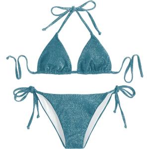 OYOANGLE Women's 2 Piece Glitter Swimsuit Triangle Halter Bikini Set Tie Side Bathing Suits Swimwear (Teal, L)