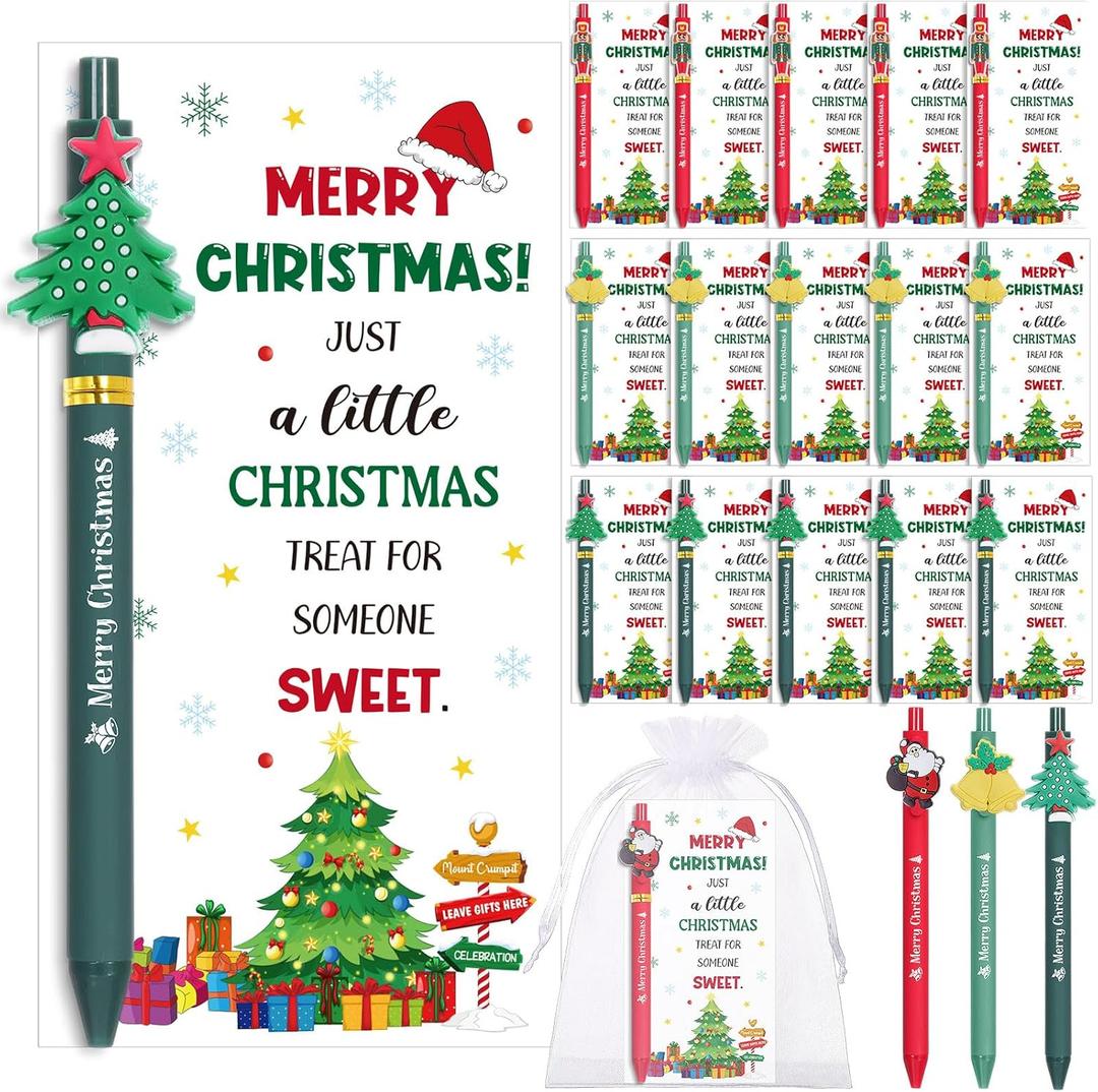 Marspark 30 Set Christmas Gifts Bulk Christmas Ballpoint Pens and Greeting Cards Set with Bag Twist Ties for Employee Coworker Teacher Student School Office Home Party Favor