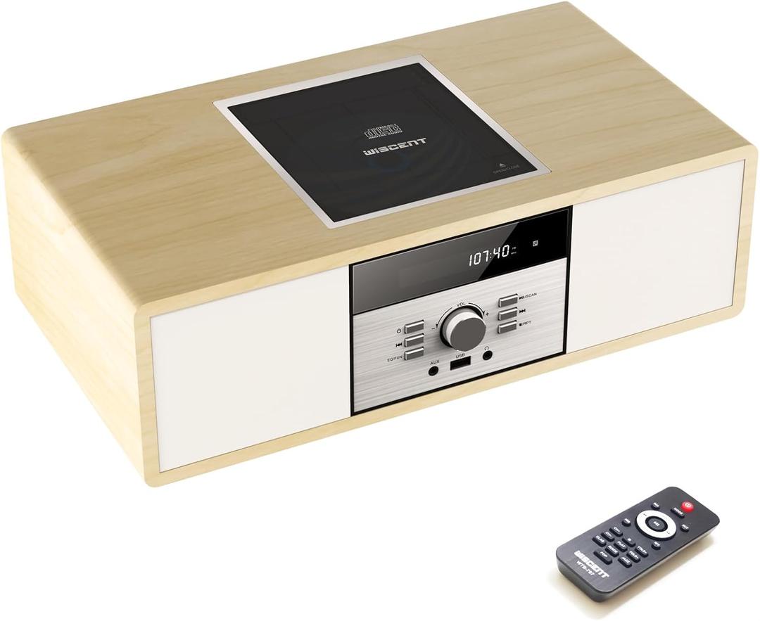 Nostalgic Bluetooth Stereo System for Home, WISCENT Vintage Micro HiFi Systems CD Player,with Bluetooth Audio Streaming,FM Radio,USB Port,Aux-in,Earphone Port (Wood Color)