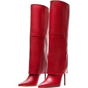 KaroNairy Women’s Knee High Boots, Fold Over Tall High Heel Boots Stiletto Pointed Toe Fashion Dress Boots for Fall Winter Red, Size 8.5