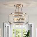 Brushed Nickel Semi Flush Mount Ceiling Light Fixture 3 Light,11.8 Inch Small Drum Modern Glass Ceiling Light Fixtures for Bedroom,Entryway,Hallway,Kithcen,Dining Room,Bathroom