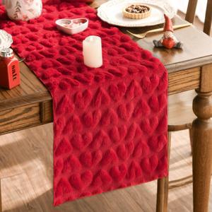 Artoid Mode Red Soft Plush Faux Fur Jacquard Heart Valentine's Day Table Runner, Seasonal Kitchen Dining Table Decoration for Home Party Decor 13x90 Inch