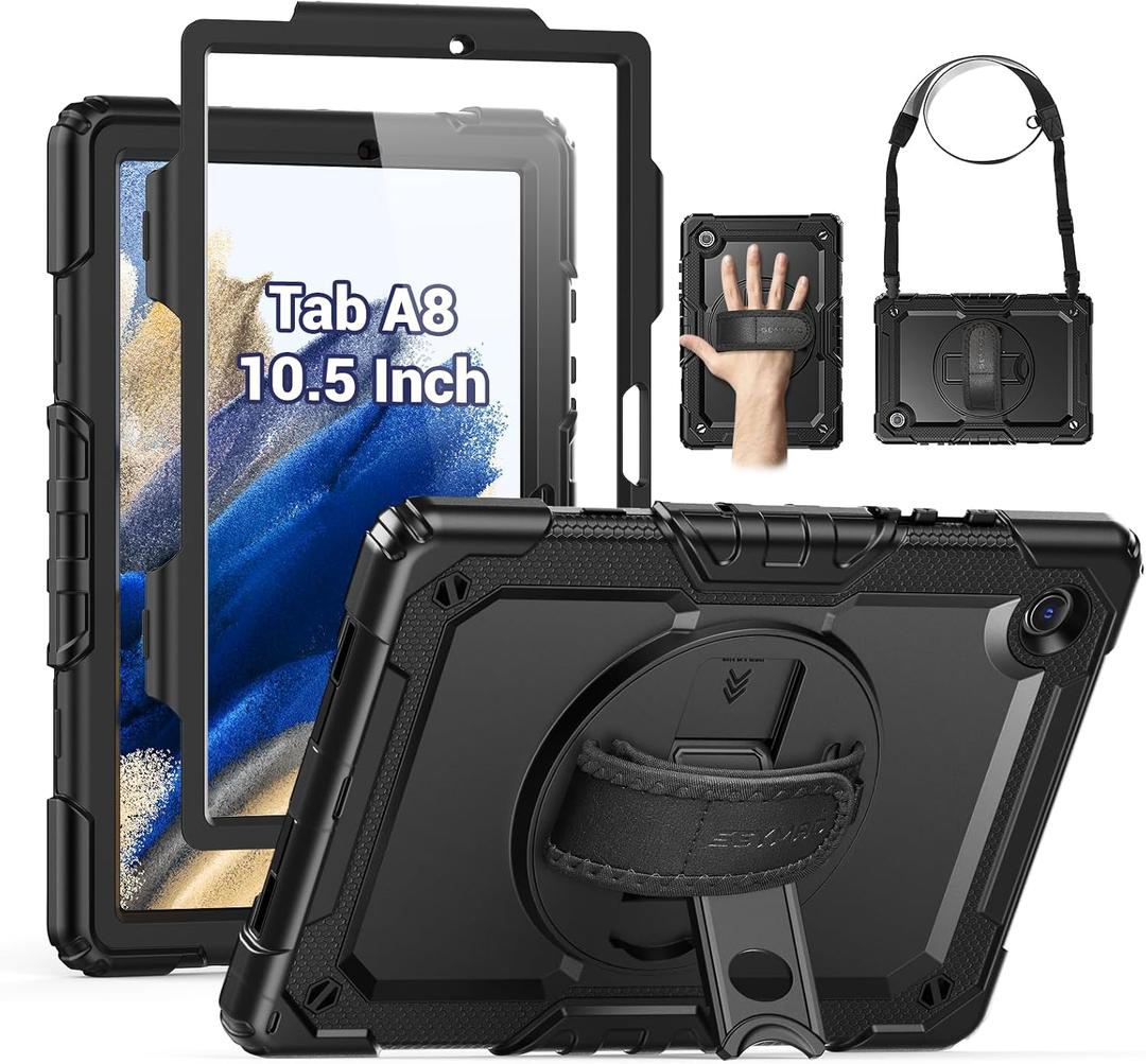 SEYMAC for Samsung Galaxy Tab A8 Case 10.5 Inch (SM-X200/ X205/ X207), Heavy Duty Full-Body Shockproof Protective Case with Screen Protector, Rotating Stand, Hand/Shoulder Strap and Pen Holder, Black