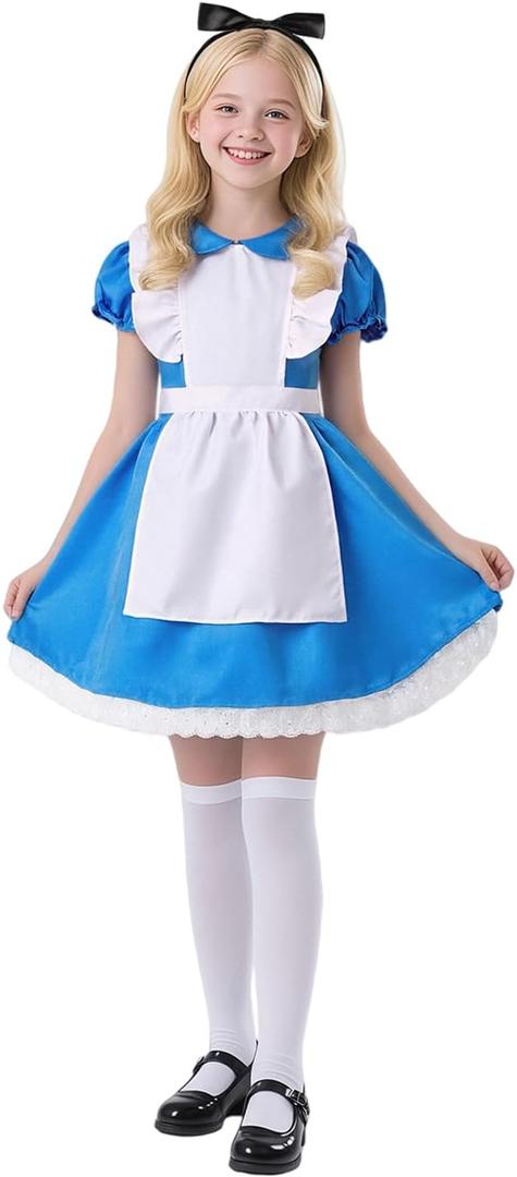 Kids Blue Dress Costume for 3-14 Years Girls Halloween Princess Costumes with Socks Hairband (150 (11-12 Years))