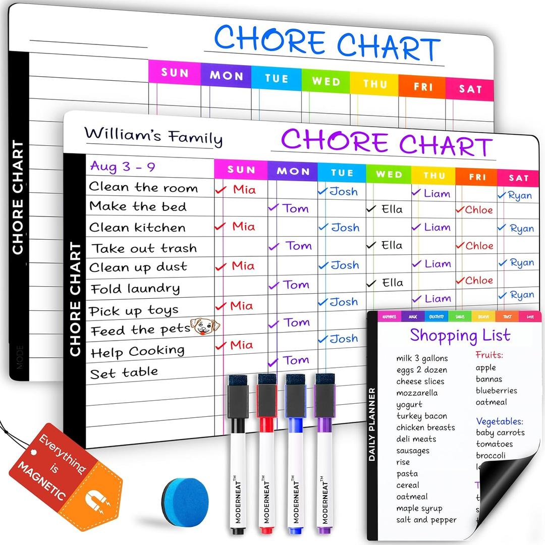 Magnetic Chore Chart Dry Erase Whiteboard Set - Pocket Charts - 2 Pcs Chores Chart for Multiple Kids, Teens & Adults (11.5x15) Each, Daily to Do (7x9) - 4 Markers & Eraser