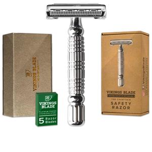 VIKINGS BLADE Double Edge Safety Razor for Men + 5 Swedish Steel Blades + Luxury Case. Smooth, Reusable, Eco-Friendly (The Chieftain) (Chromium Silver)