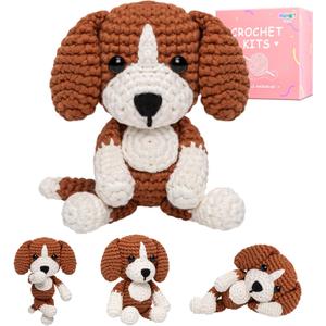 Mewaii Crochet Kit for Beginners Level 2 with 40% Extra Eco-Friendly Pre-Started Easy Yarn, Step-by-Step Video Tutorials for Adults and Kids (Sitting Puppy) (Dark Brown and White)